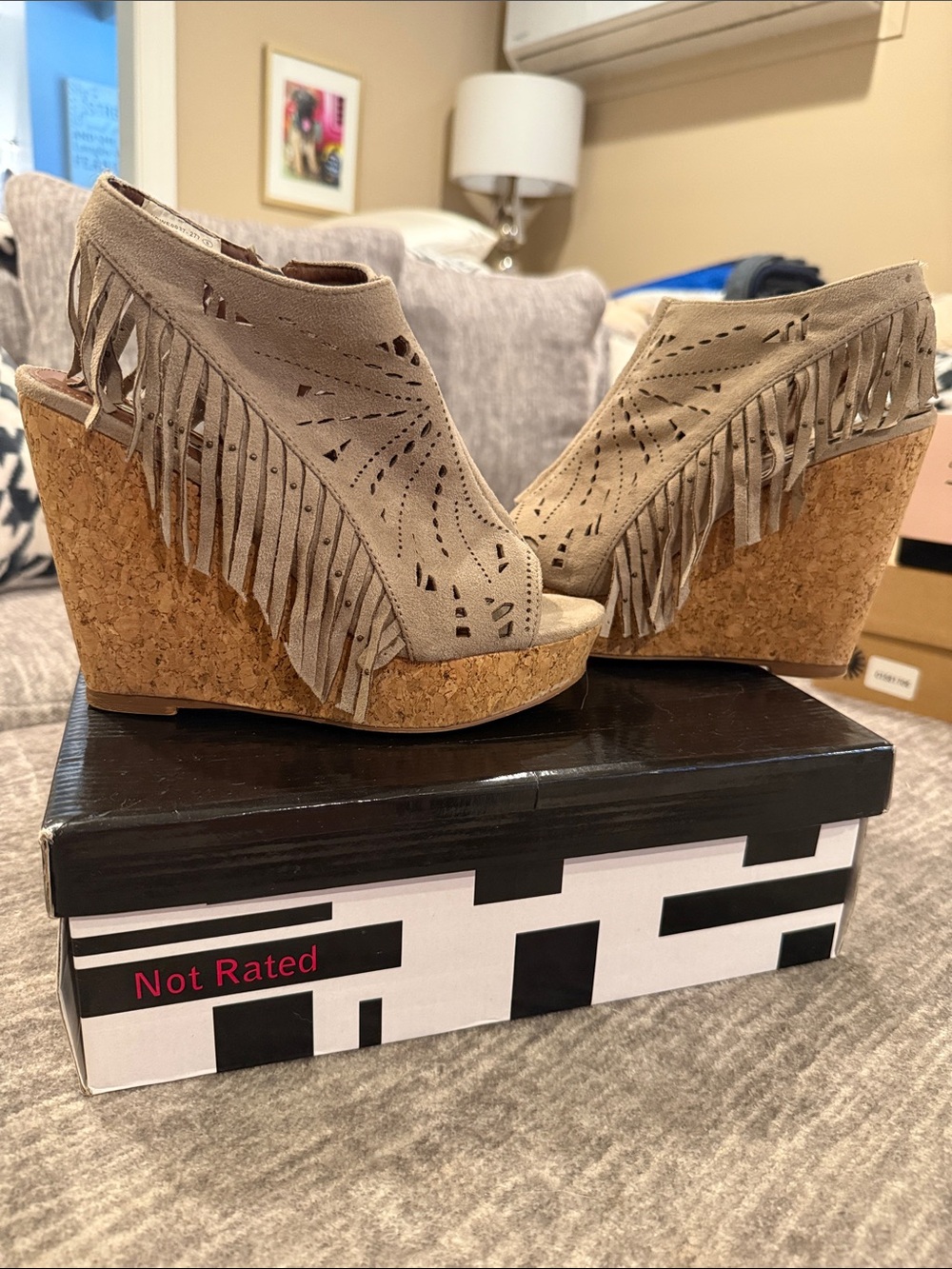 Not Rated Taupe Fringe Cork Wedge Peep-Toe Sandals